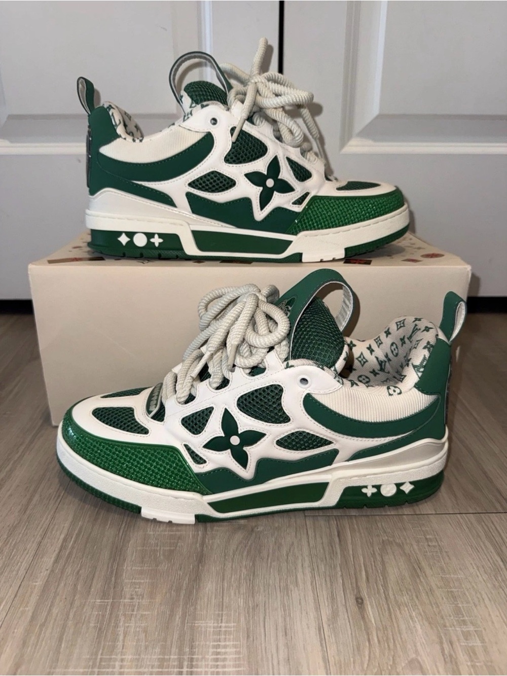 Louis Vuitton Kids White & Green LV Pattern Sneakers men